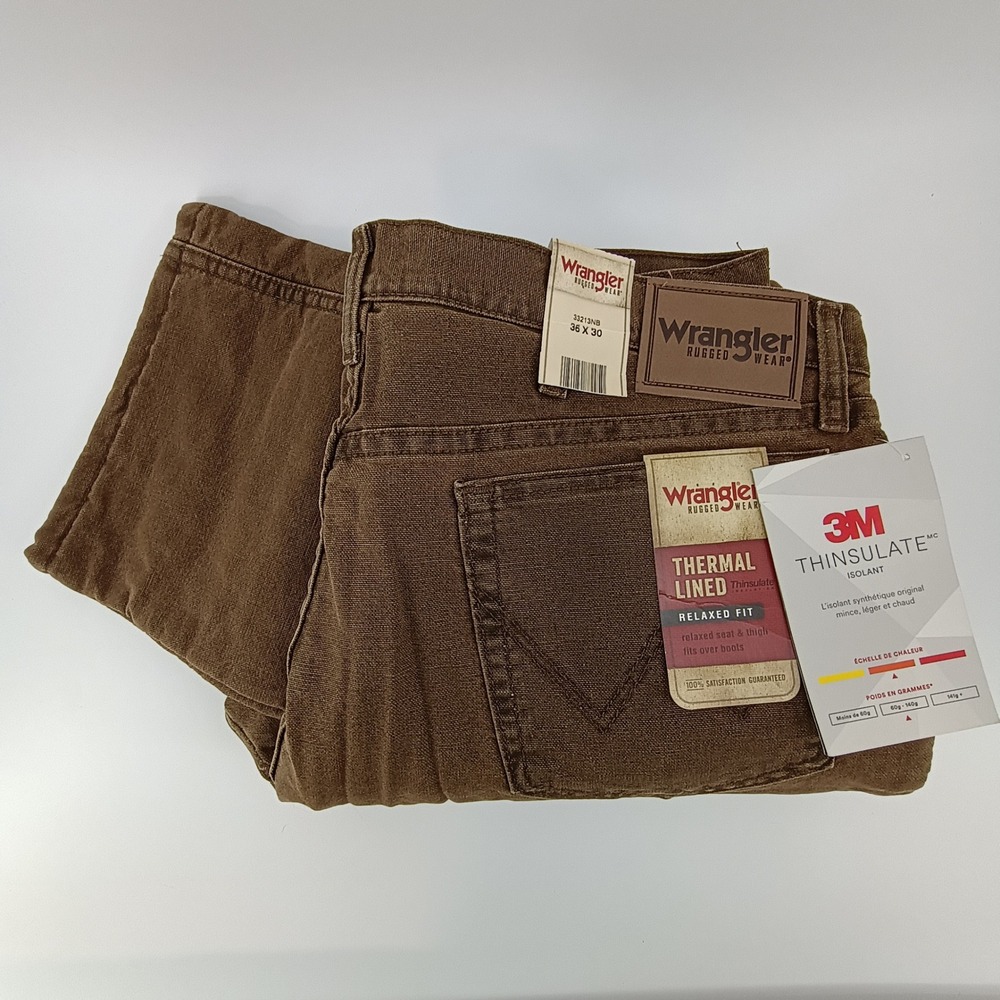 Wrangler Rugged Wear Pants Mens 36x30 Brown Thermal Lined Thinsulate Work Casual